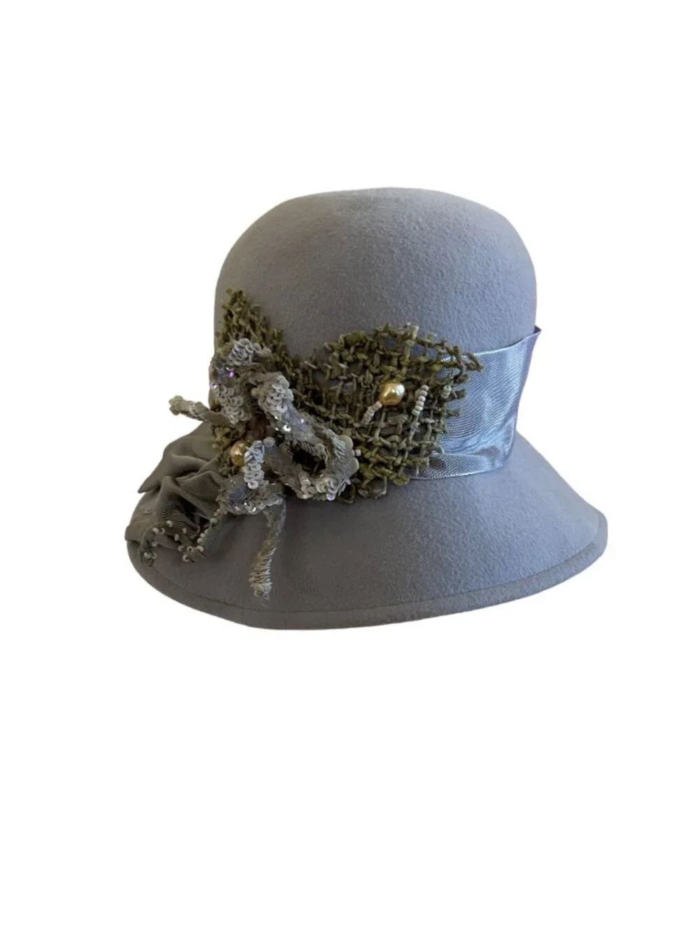 Louise Green Gray Wool Cloche Hat With Green Embellished Bow & Sequins